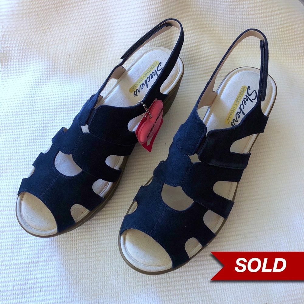 Skechers 11W Stylin Navy/Black Suede Slingback Sandal Wedges